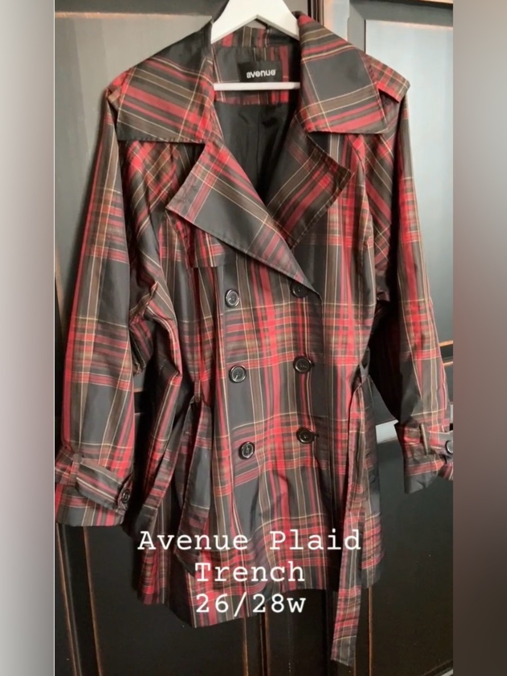 26/28 AVENUE Women’s Plus Plaid Double-Breasted Trench Coat with Belt